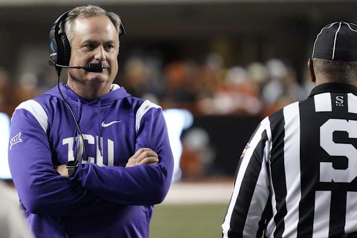 Nov 12, 2022; Austin, Texas, USA; Texas Christian Horned Frogs head coach Sonny Dykes talks with an official during the second half against the Texas Longhorns at Darrell K Royal-Texas Memorial Stadium.